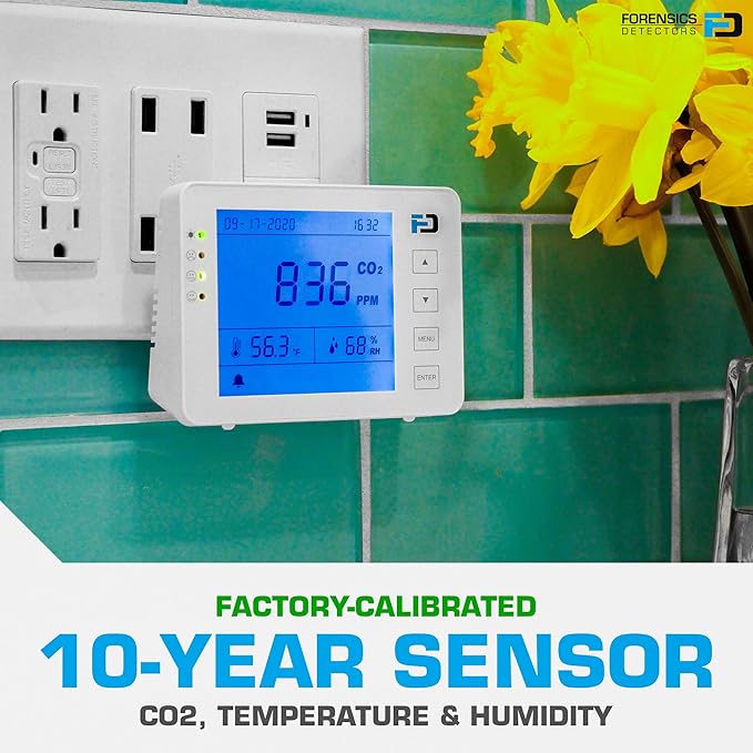 Carbon Dioxide Monitor Wall Plug-in AC by Forensics | AB841 Compliant Alarms for Classrooms | AC Power Direct to Wall | 10 Year Life | CO2 Meter | Gyms, Offices, Classrooms, Home, Retail |