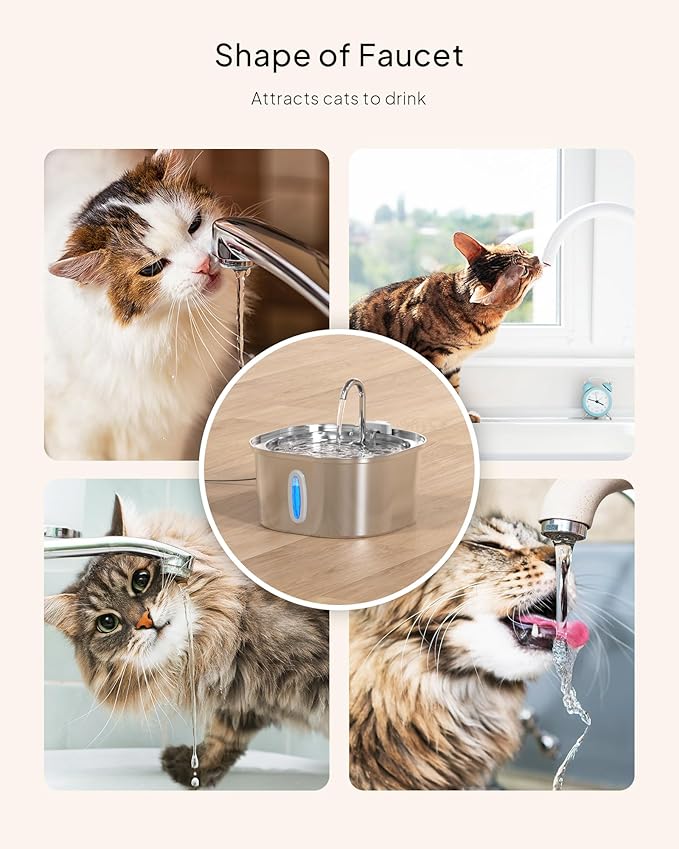 PEKTACO Stainless Steel Cat Water Fountain, 3.2L/108oz Cat Water Dispenser with Quiet Water Pump and Water-Level Window, Dishwasher Safe Pet Drinking Fountain for Cats with 3 Filters + 3 Sponges