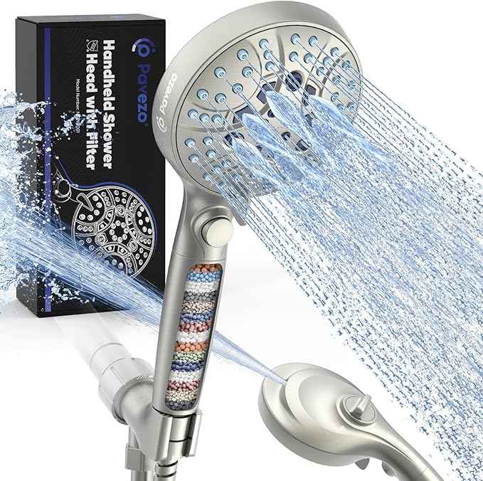 Pavezo® High Pressure Handheld Shower Head with Filter, ON/OFF Switch Pause Button, 10-mode Shower Head with Hard Water Softener Filters, SS Hose, Anti-clog & Powerful Clean Tile & Pet, Brushed Nickel