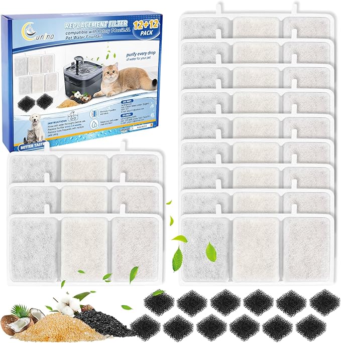 24PCS Cat Fountain Filters - Compatible with Petory, 74oz/2.2L Automatic Replacement Filters & Foam - AquaVibe
