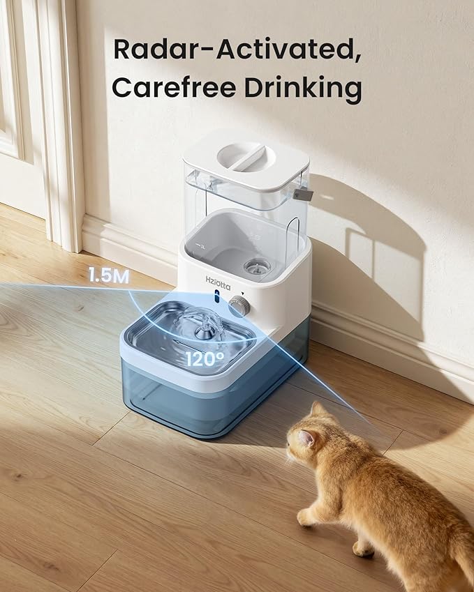Wastewater Separation Cat Water Fountain No Filter, Stainless Steel Pet Water Fountain with Radar Sensing, Wireless Cat Fountains for Drinking, No Pump, Totally 5.7L, 30db Low Noise