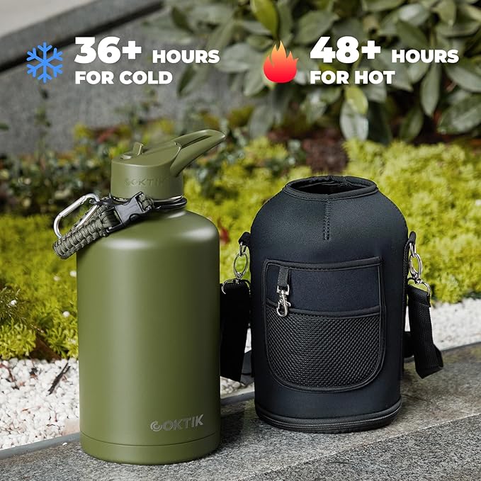 COKTIK 84oz Insulated Water Bottle - Stainless Steel Vacuum Metal, Portable ½ Gallon Large-Capacity Sports Bottle with Straw, Carry Bag and Handle Strap, Ideal for Gym & Hiking（Army Green)