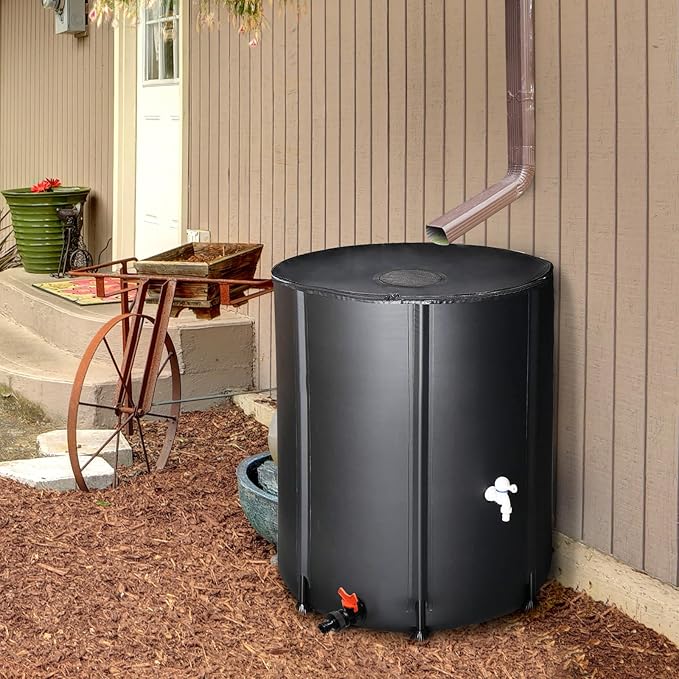 132 Gallon Collapsible Rain Barrel, Portable Water Storage Tank, Foldable Rainwater Collect System Downspout, Water Catcher Container with Filter, Spigots Overflow Kit (Black, 132 Gallon)
