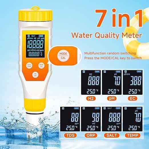 Hydrogen Water Tester,PH Meter 7 in 1 H2/TDS/EC/ORP/Salt/Temp with ATC & Backlight,Hydrogen Water Tester for Filtered Water, TDS Meter for Juice,Coffee,Your Plants.
