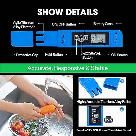 VIVOSUN TDS Tester 3-in-1 TDS EC & Temperature Meter Ultrahigh Accuracy Digital Water Quality TDS Tester (Blue)