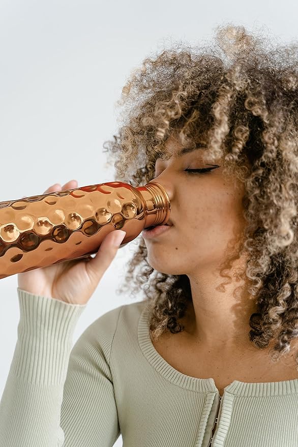 Diamond Cut Copper Water Bottle - Leak Proof Ayurvedic Drinkware Copper Vessel for Sports, Gym, Outdoors, Yoga