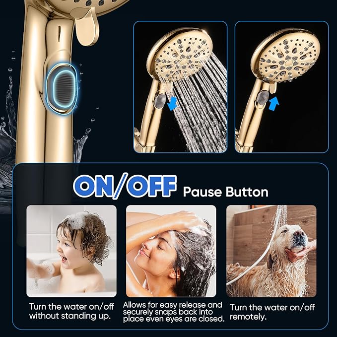 Cobbe High Pressure Shower Head with Built-in Pause Button 9-Function Detachable Showerhead with Handheld Brass Swivel Bracket & Stainless Steel Hose, Water Saving 1-Click Stop, Gold