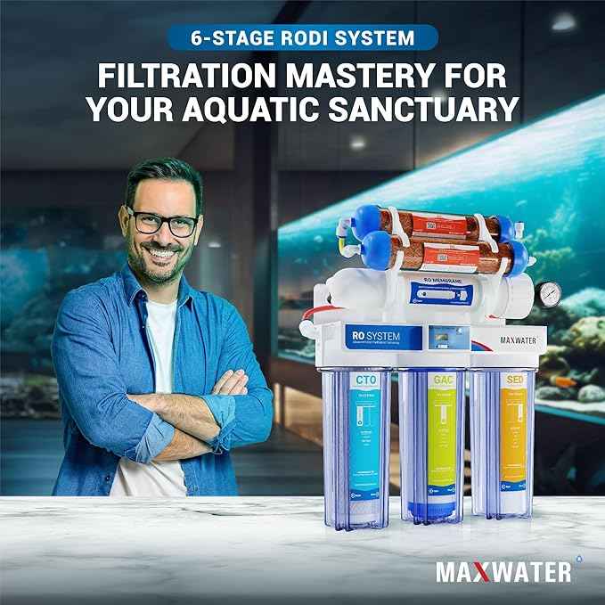 Max Water 6 Stage Aquarium System/RO Water Filtration System with Deionization Filter RO Water Purifier 100 GPD Hydroponics RODI System (Clear Housing System with TDS Meter)