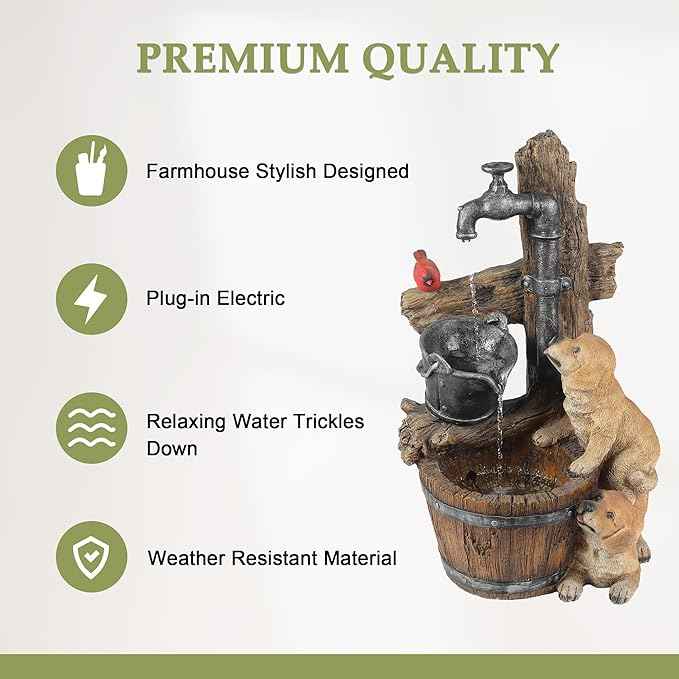 LuxenHome Water Fountain Outdoor, 30" Rustic Outdoor Water Fountain with LED Lights, Rustic Barrel Puppy and Pump Water Feature Outdoor, Garden Fountains Outdoor Patio, Porch, or Indoor Entryway