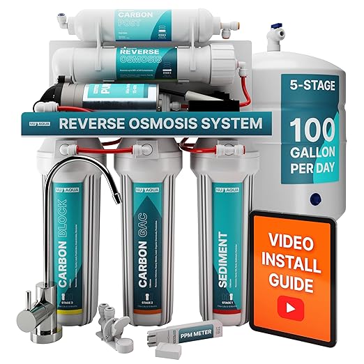 NU Aqua 5-Stage Under Sink Reverse Osmosis Water Filter System - Booster Pump - 100 GPD RO Filtration w/Faucet & Tank - PPM Meter - 100GPD Undersink - Home & Kitchen Drinking Water Purifier