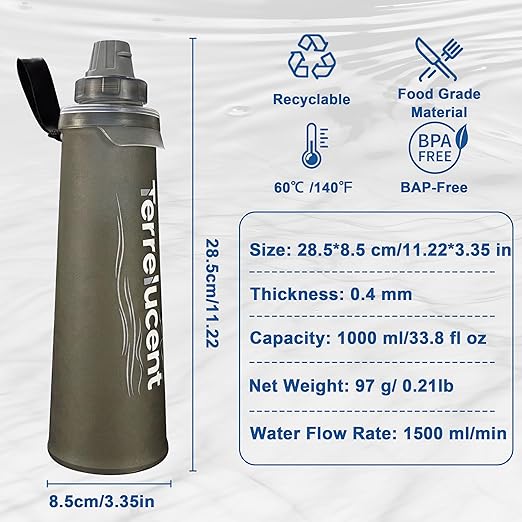 33.8 oz Collapsible Water Bottle with Filter, Squeeze Filtered Water Bottle, BPA-Free, Dual Filtration, Ultralight Water Filter System for Hiking, Camping, Backpacking (Gray, 33.8 OZ)