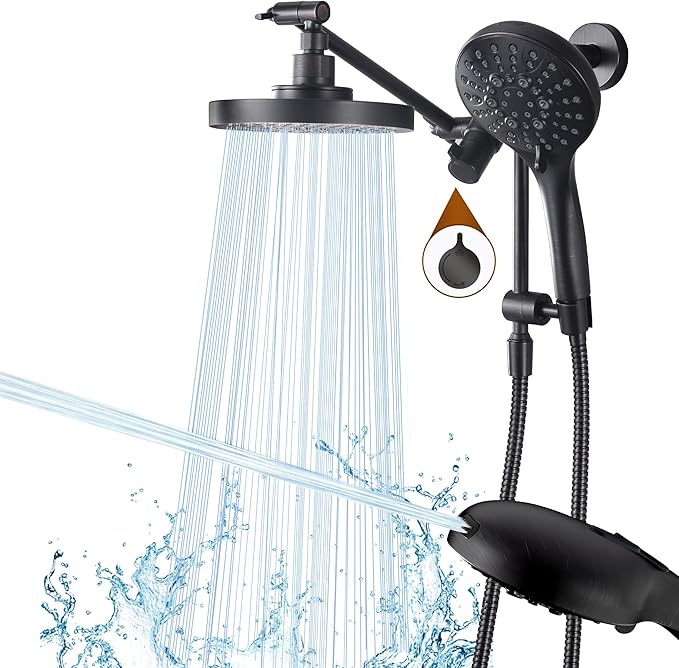 BRIGHT SHOWERS Rain Shower Head with Handheld Spray Built-in Power Wash, High Pressure Dual Shower Head with Height Adjustable Extension Arm, 3-Way Diverter, 9 Settings Handheld, 69” Long Hose, ORB