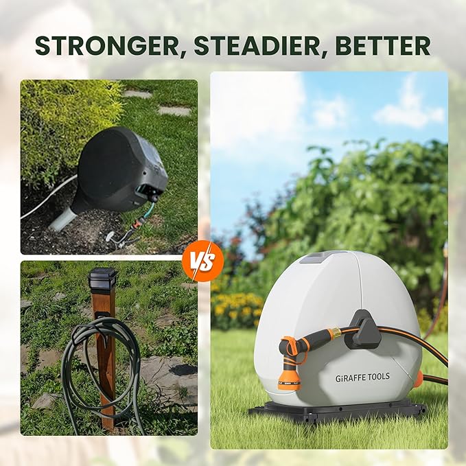 Giraffe Tools Ground Mounted Retractable Hose Reel 5/8 Inch x 92FT, Heavy Duty Automatic Rewind Garden Hose Reel, with Flexible Swivel Base for Lawn, Concrete Floor
