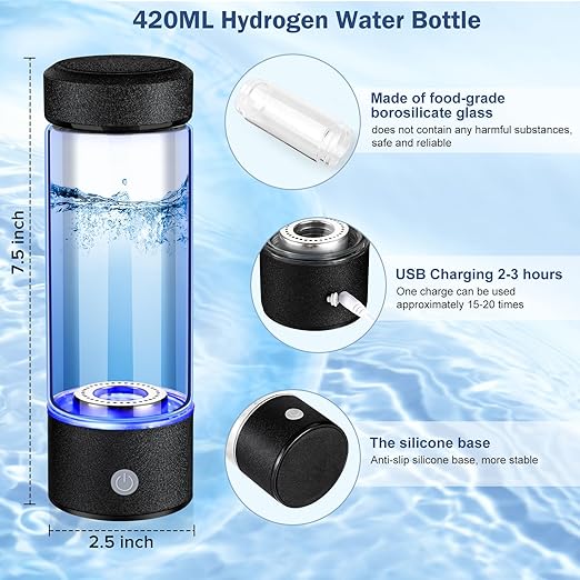 New Hydrogen Water Generator Bottles, Portable Hydrogenated Water Bottle with SPE PEM Technology, 420ml Hydrogen Water Bottle Generator, Rechargeable Ionizer Machine for Home, Office, and Travel
