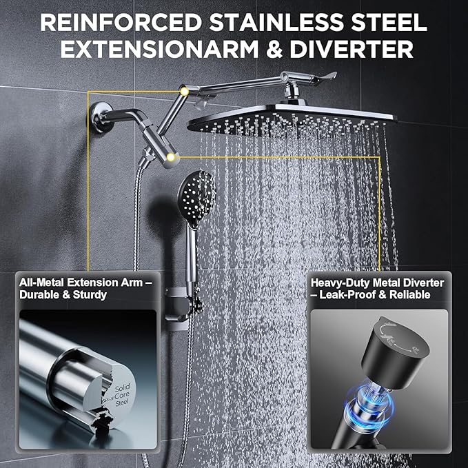 Veken Wide Rain Shower Head with Handheld, High Pressure Rainfall Showerhead Combo with Arm for Bathroom Accessories, Home Decor, Detachable Dual Shower with Multi Modes Handheld Spray, Silver Chrome