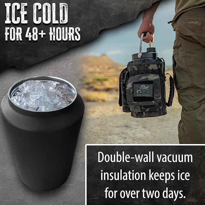 Iron Infidel Battle Bottle - One Gallon Insulated Water Bottle with Dual Carry Handles - 128 oz Tactical Stainless Steel Water Jug & Rugged Extra Large Sleeve with Storage (Black Camo 128 Ounces)