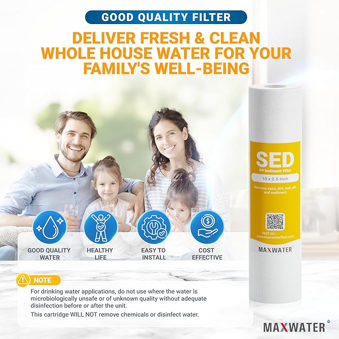 Max Water 10 inch x 2.5 inch, 5 Micron Replacement Sediment Water Filter Cartridge for Whole House, Melt Blown Filtration Fiber for Heavy Duty (Pack of 50)