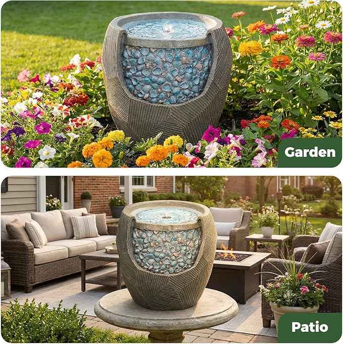 Kingsyard 13" Outdoor Water Fountain, Electric Resin Garden Waterfall with LED Lights, Quiet Outside Feature for Patio Porch Yard with Blue Seashell Decor