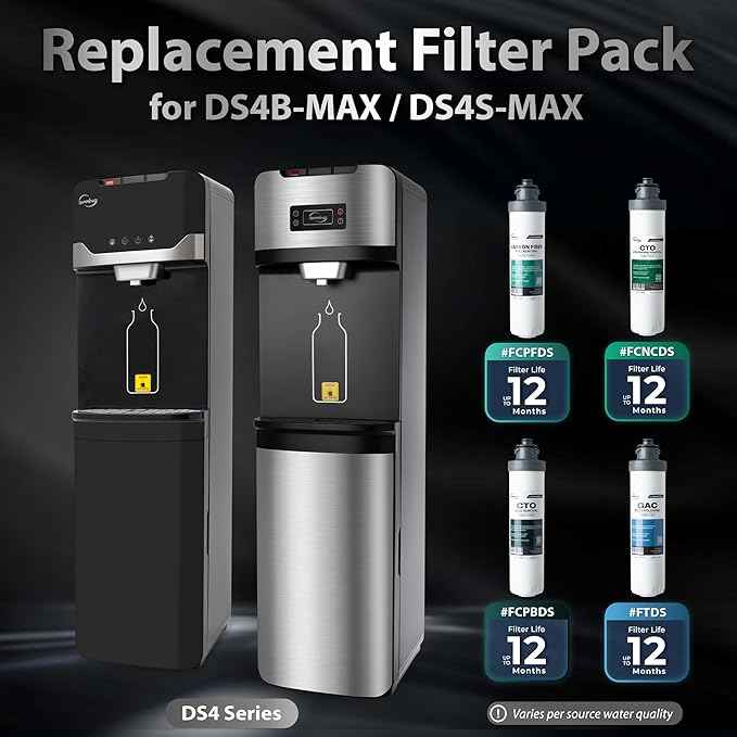 iSpring F4DS-MAX Full Filter Replacement Set for DS4B-MAX & DS4S-MAX Bottleless Water Dispensers, Includes 1x FCPFDS, 1x FCNCDS, 1x FCPBDS and 1x FTDS, Up to 12 Months Based on Usage & Water Quality
