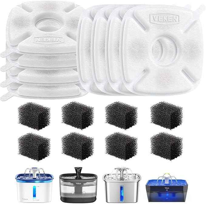 Veken Cat Water Fountain Filter, Classic 8 Pack Replacement Filters & 8 Pack Replacement Pre-Filter Sponges for 50oz, 84oz, 95oz Automatic Pet Fountain Dog Water Dispenser - AquaVibe