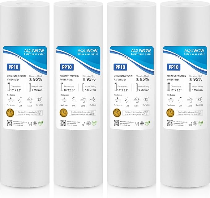 PP10 5 Micron 2.5" x 10" Filter Set – Sediment Replacement Cartridges for Whole House Water Filtration Systems, Universal Standard PP Filters (4, 10 x 2.5)
