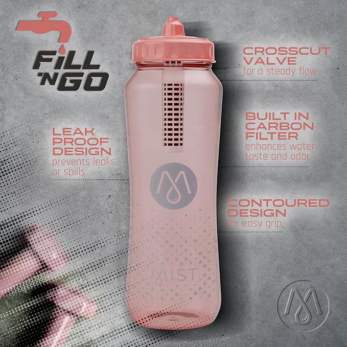 Mist Sports Squeeze Water Bottle with Built-In Filter for Pure Water, Easy Grip Squeeze Water Bottles Sports Quality, Leak Proof & BPA Free Athletic Water Bottle Squirt Top, Peachy Pink