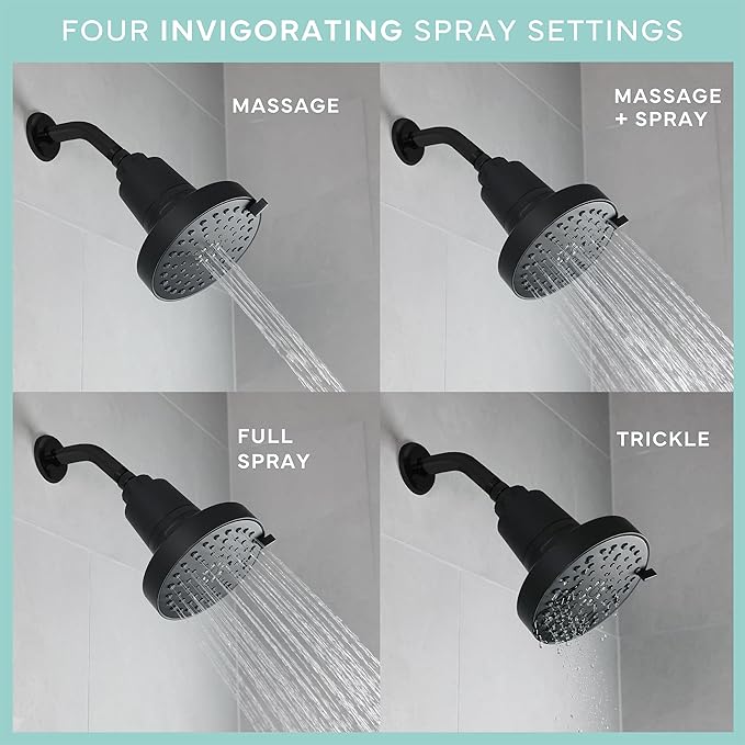 SEVENTY 4-Setting Filtered Shower Head with Shower Filter in Matte Black – Helps Reduce Chlorine and Impurities for Healthier Hair, Skin and Scalp, Easy to Install (Model 12157)