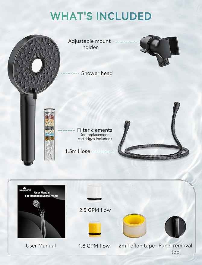 Filtered Shower Head with Handheld, High Pressure 10-Spd Detachable Chrome Showerhead with Stainless Hose, Water Softener Filter Beads for Hard Water - Remove Chlorine, Black