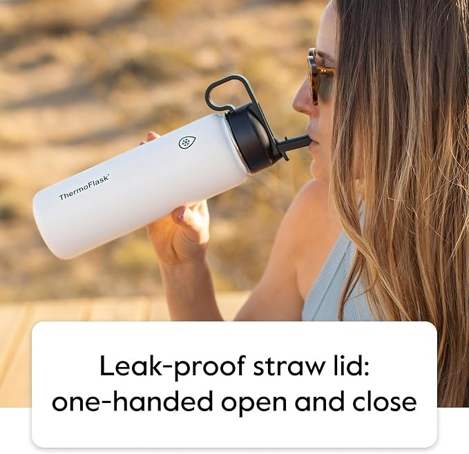 ThermoFlask Stainless Steel Water Bottles 2-Pack - Double-Wall Vacuum Insulated 24 oz BPA-Free Spout Lids - Keeps Drinks Cold 24 Hrs, Hot 12 Hrs - Leakproof, Dishwasher Safe, Black/Malachite