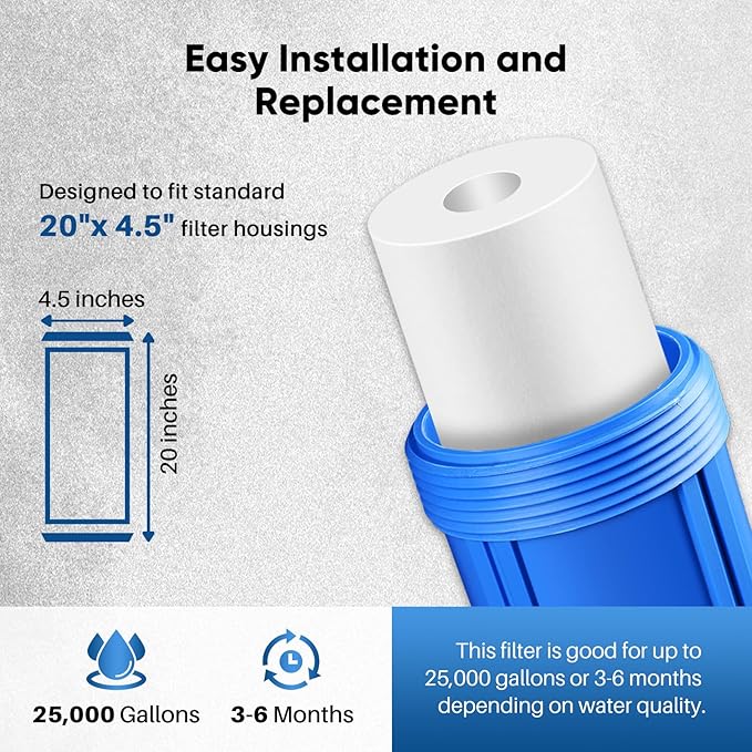 PUREPLUS 1 Micron 20" x 4.5" Whole House Sediment Home Water Filter Replacement Cartridge, Compatible with DGD-5005-20, AP810-2, P5-20BB, FP25B, FPMB5-20, 155358-43, SDC-45-2005, 2 Pack