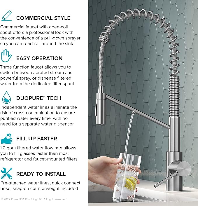 KRAUS Oletto 2-in-1 Commercial Style Pull-Down Single Handle Water Filter Kitchen Faucet for Reverse Osmosis or Water Filtration System in Matte Black, KFF-2631MB