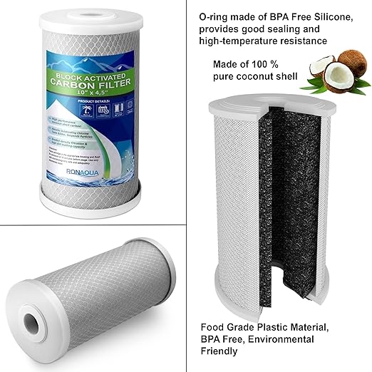 High Capacity 10 x 4.5” Transparent Whole House Water Filter Purifier System with Presser Relief Button, 1” Inlet/Outlet Brass Port & Yearly Supply (3) Coconut Shell Activated Block Carbon Cartridges