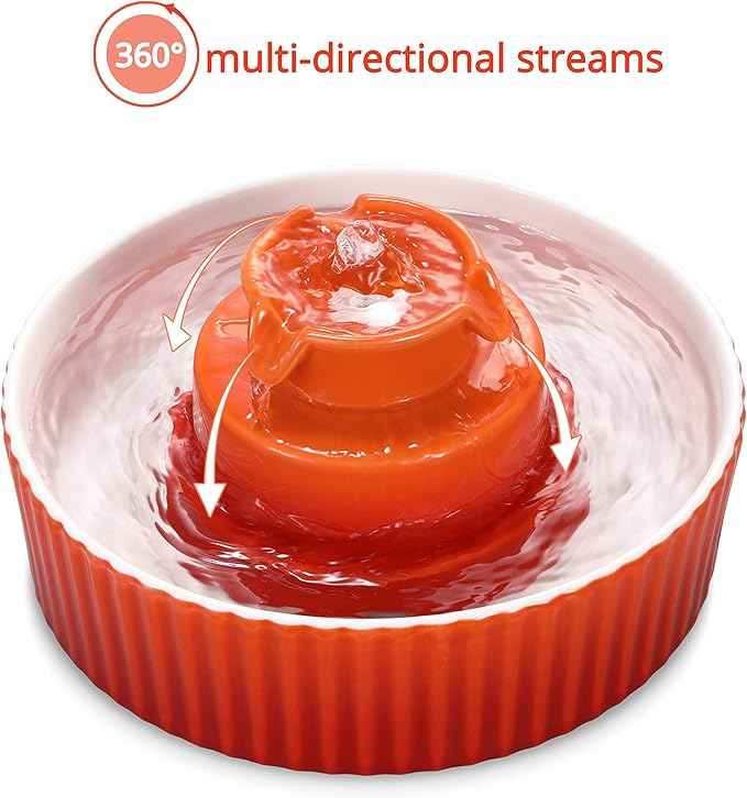 Ceramic Cat Water Fountain, 2.1L/71oz Pet Fountain for Dog and Cat, 3 Carbon Filters and 2 Water Pumps (Orange)
