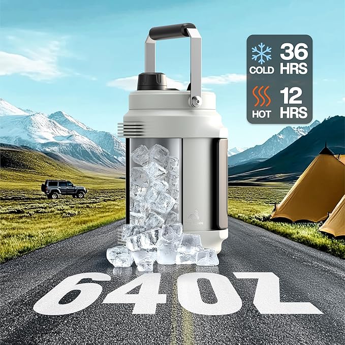 POWCAN 64 oz Insulated Water Bottle, 2-in-1 Straw Spout Lid, Dual Handle, Leakproof, Keep Cold 48H, Half Gallon Stainless Steel Water Jug for Travel, Gym, Work, Trip, Hiking, Workout, Picnic (Frost)