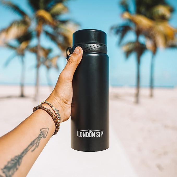The London Sip 25 oz Multi-Function Travel Mug and Tumbler Tea Infuser Water Bottle Fruit Infused Flask Hot and Cold Double Wall Stainless Steel Coffee Thermos, Zen Black, Pack of 2