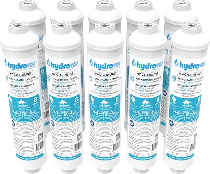 HYDROVOS 10-Inch Inline Water Filter for Ice Maker, Refrigerator, Dishwasher, Reverse Osmosis System, Post Activated Carbon Cartridge Reduces Chlorine, 1/4" NPT Threaded Connection, Bulk Pack