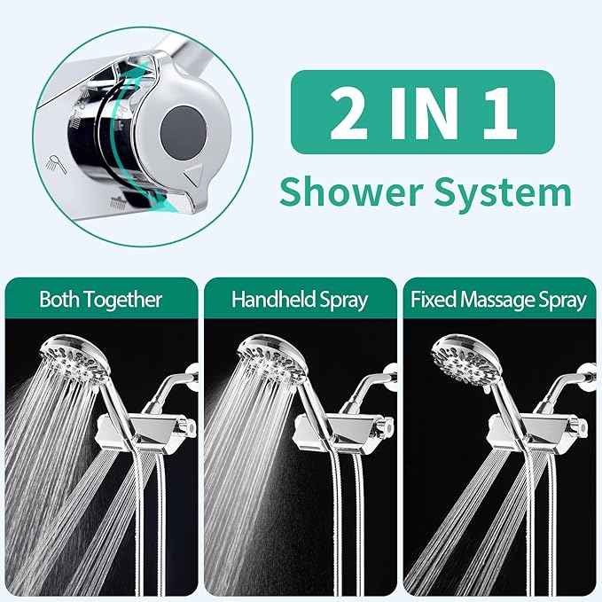 Filtered Shower Head with Handheld Combo, Hard Water Filter Shower Head with 9 Shower Modes, Dual Shower Heads High Pressure, Shower Filters to Remove Chlorine and Fluoride (Chrome)