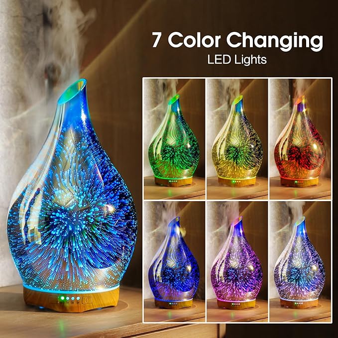Porseme 280ml Essential Oil Diffuser 3D Hand-Blown Glass Aroma Diffusor, Aromatherapy Unltrasonic Cool Mist deffuser, 7 Color Changing Humidifier, Waterless Shut-Off, Timer Function for Home Office