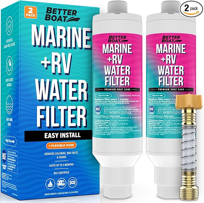 Better Boat 2 Pack Inline RV Water Filter, NSF Certified, Marine Grade, for Hose, Campers, and Garden, Includes Flexible Protector