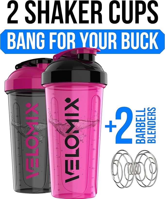 VELOMIX -2 Pack- 28 oz Protein Shaker Bottles for Protein Mixes - 2x Wire Whisk | Leak Proof Shaker Cups for Protein Shakes | Protein Shaker Bottle Pack (Black/Pink)