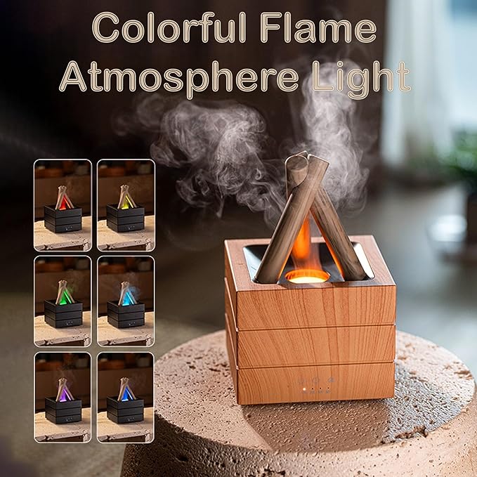 Flames Humidifier Essential Oil Diffuser, Bonfire Essential Oil Scent Diffuser Humidifier, Small USB Desktop Humidifiers with 7 Colors, Campfire Aromatherapy Diffusers for Home & Office (White)