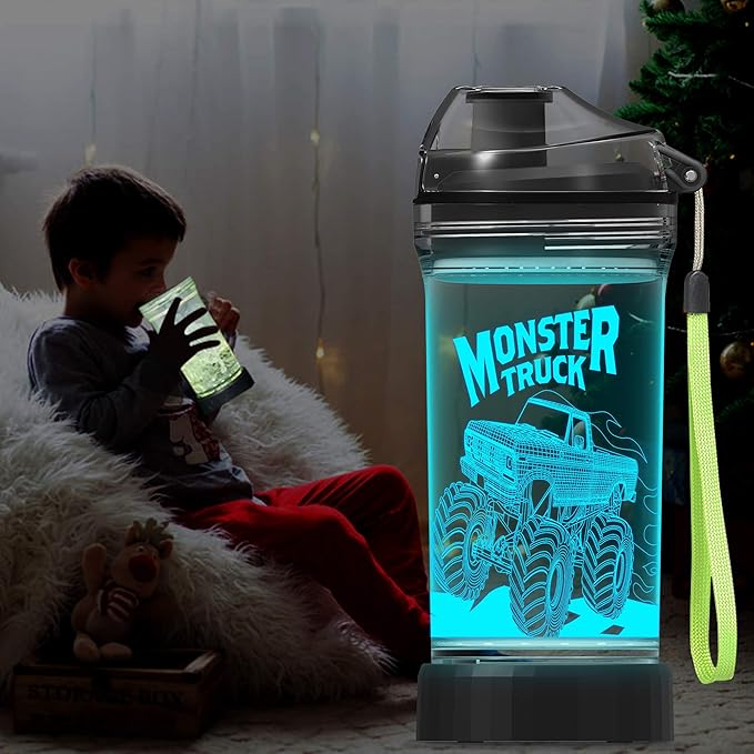 Lightzz Kids Water Bottle, Glow in The Dark Monster Truck & Tractor Water Bottle, Gifts for Boys Back to School Birthday Christmas Holiday