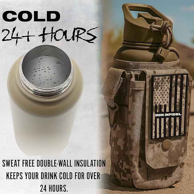 Iron Infidel Battle Bottle - 32 Oz Insulated Water Bottle with Straw Lid & Chug Cap, Stainless Steel Metal Tactical Flask With Rugged, Removable Sleeve for Keys & Phone or Wallet (MARPAT 1 Liter)