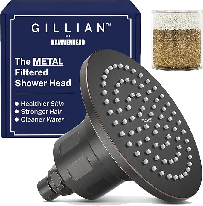 Gillian™ by HammerHead High Pressure Shower Head with Filter – Genuine KDF55 Metal Hard Water Filtering Shower Head, Healthier Skin & Hair – 6" Rainfall Showerhead with Filters, Oil Rubbed Bronze