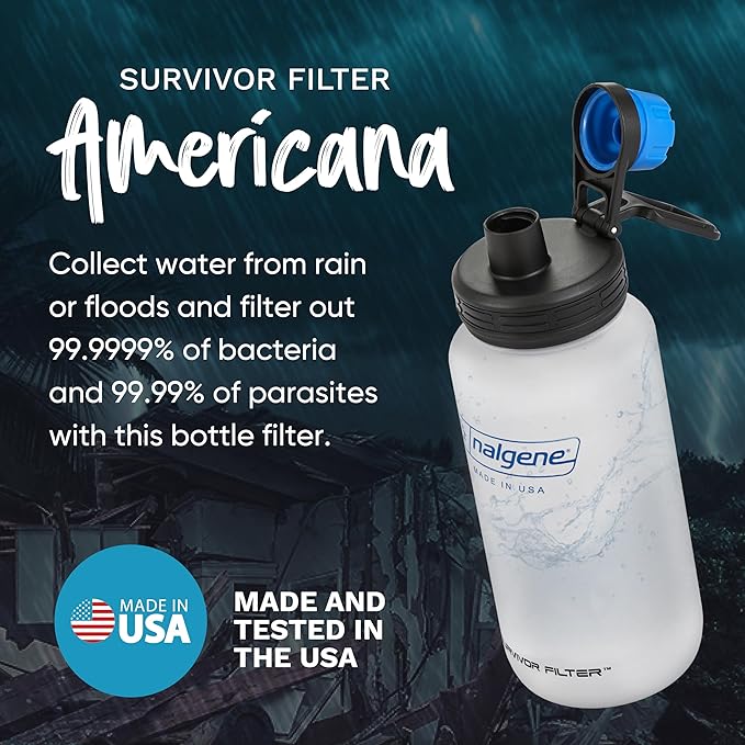 Survivor Filter Americana Ultra Light Filtered Water Bottle – 33.8 oz (1L) – Made in USA – Portable Water Bottle with Filter for Travel, Hiking, Gym & Everyday Use