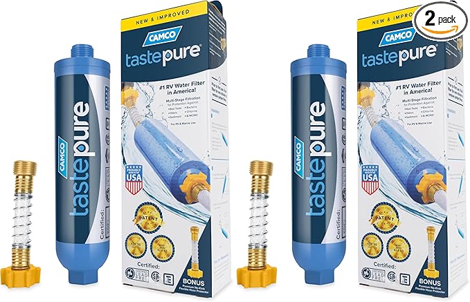 Camco TastePURE Water Filter, 6-Step Filtration | For RV | Flexible Hose Protector | Made in USA | 40043