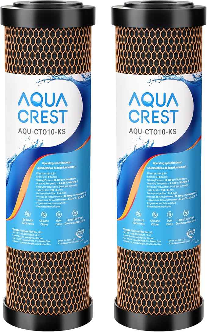 AQUA CREST 1 Micron 2.5"x10" Whole House CTO Carbon and KDF Water Filter Cartridge Replacement for DuPont® WFPFC8002, Culligan® D-10A, CBC-10, GE® FXWTC, GXWH20T, Pack of 2
