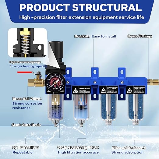 1/4'' NPT Compressed Air Dryer, 4 Stage Air Drying System,Brass Filter, Coalescing Filter,Double Desiccant Dryers & Air Regulator,Metal Bowl, Semi-Auto Drain,Industrial Grade-Blue - AquaVibe