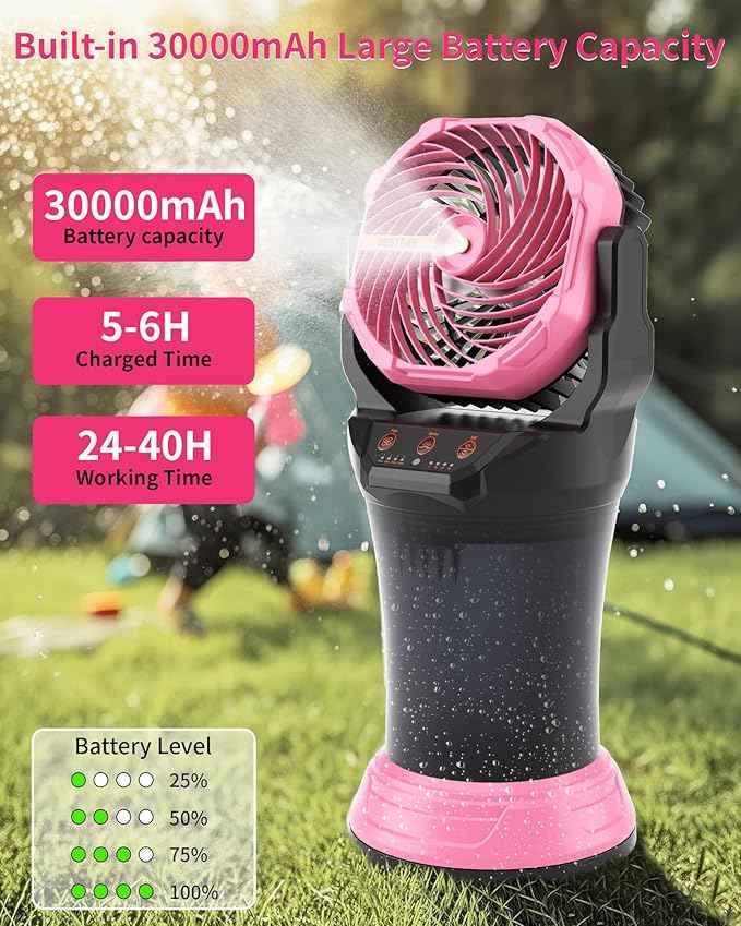 Portable Misting Fan with Large Battery Fan-Rechargeable Outdoor Misting Cooling Fans with 2L Water Tank,RGB Lights,4 Speeds & Spray Modes-for Patio, Camping, Beach, Workshop (Pink)
