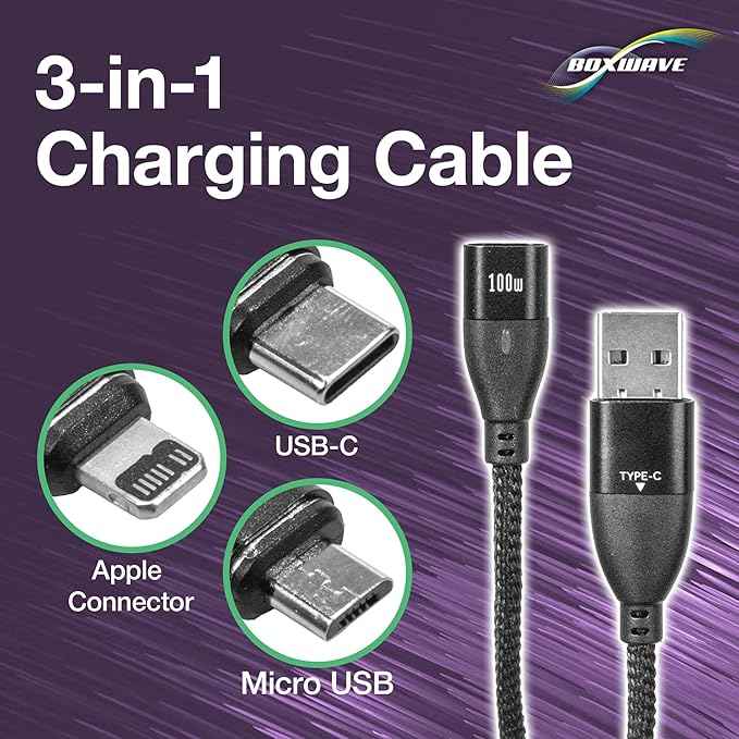 BoxWave Cable Compatible with LARQ Bottle PureVis 25 oz - MagnetoSnap PD AllCharge Cable (100W), Magnet Charging Braided USB Type-C Micro - Jet Black